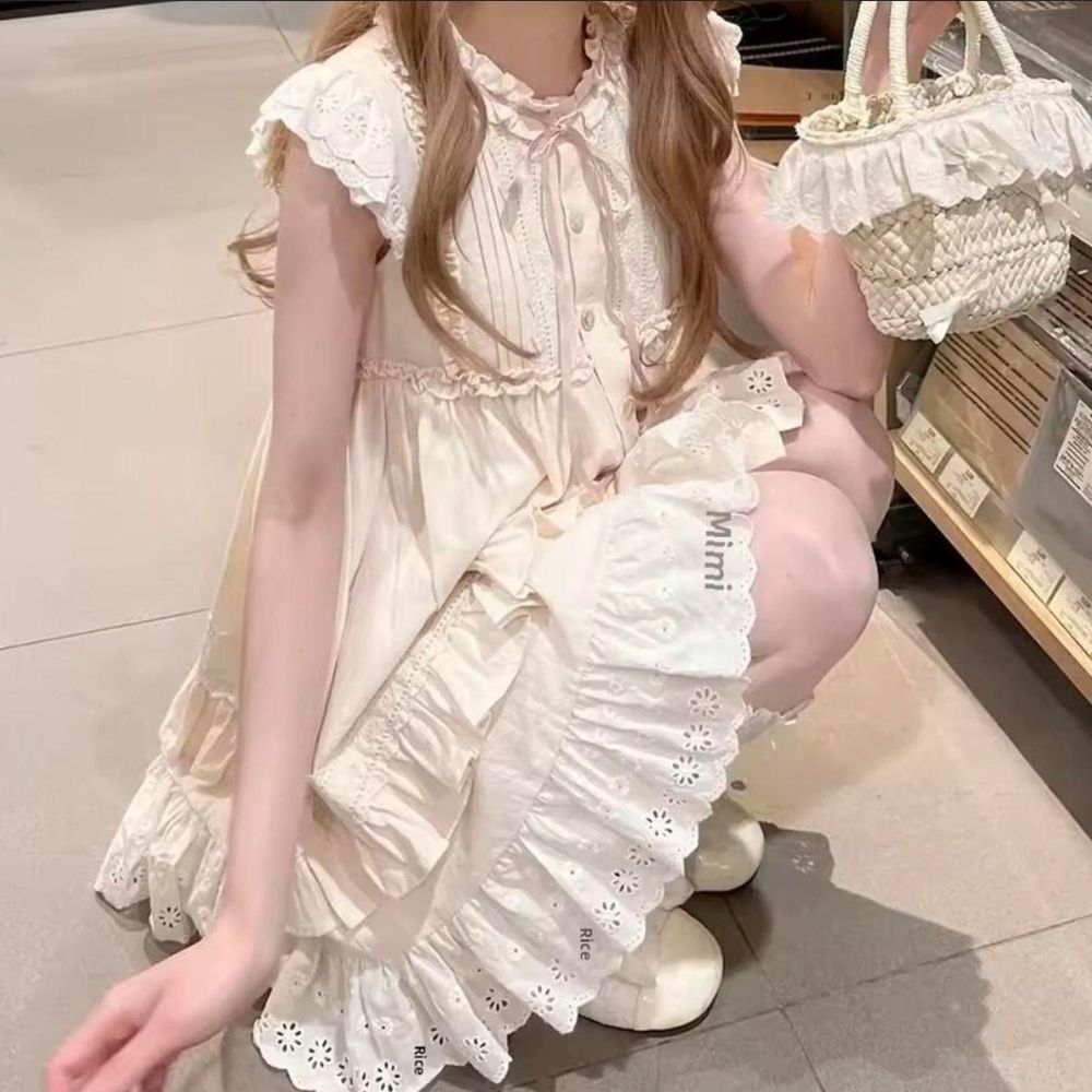 Cream Lace Dress with Ruffle Details